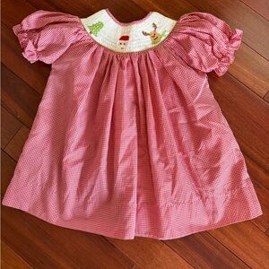 Hand Smocked Sz 4 Christmas Dress Red Gingham Hand Embroidered Puff Sleeves